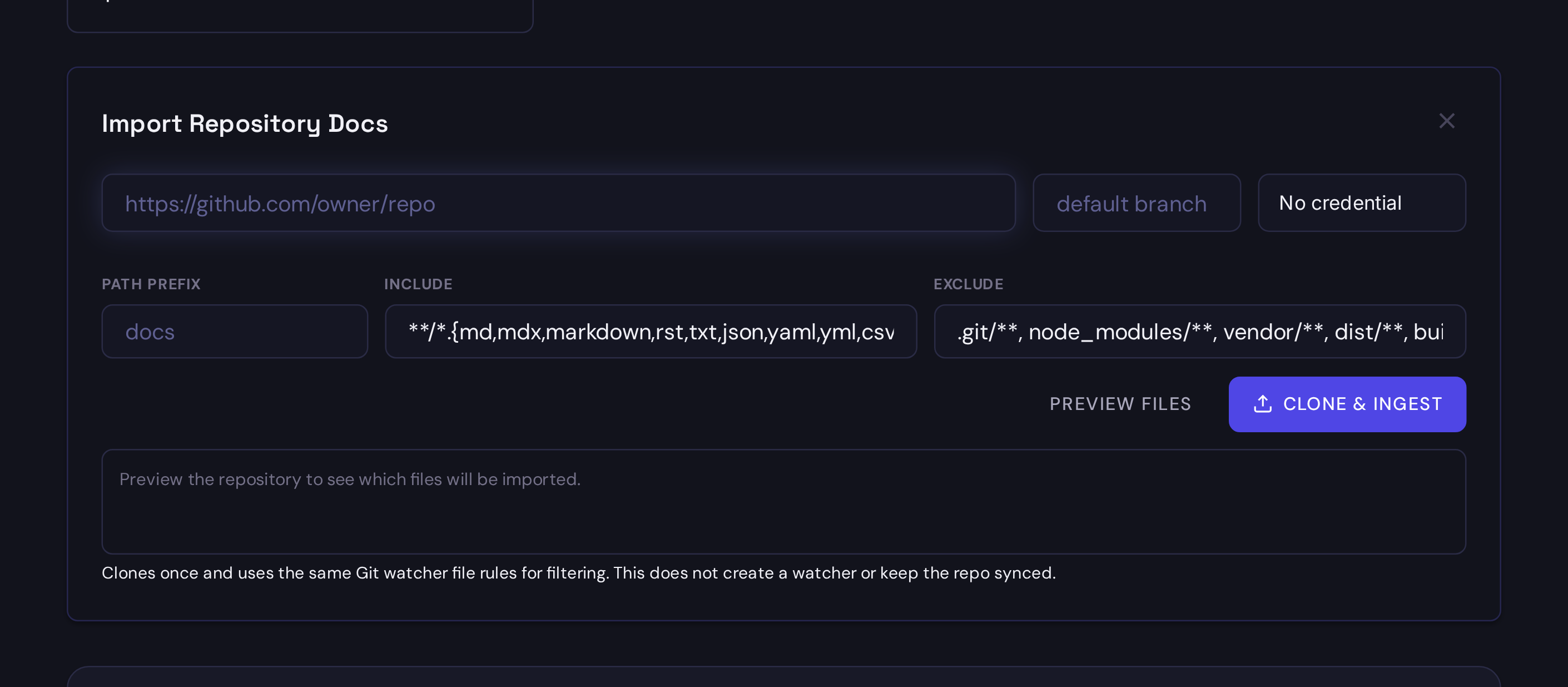 The Synth Ingest repository panel with repository URL, branch, credential, and clone button.