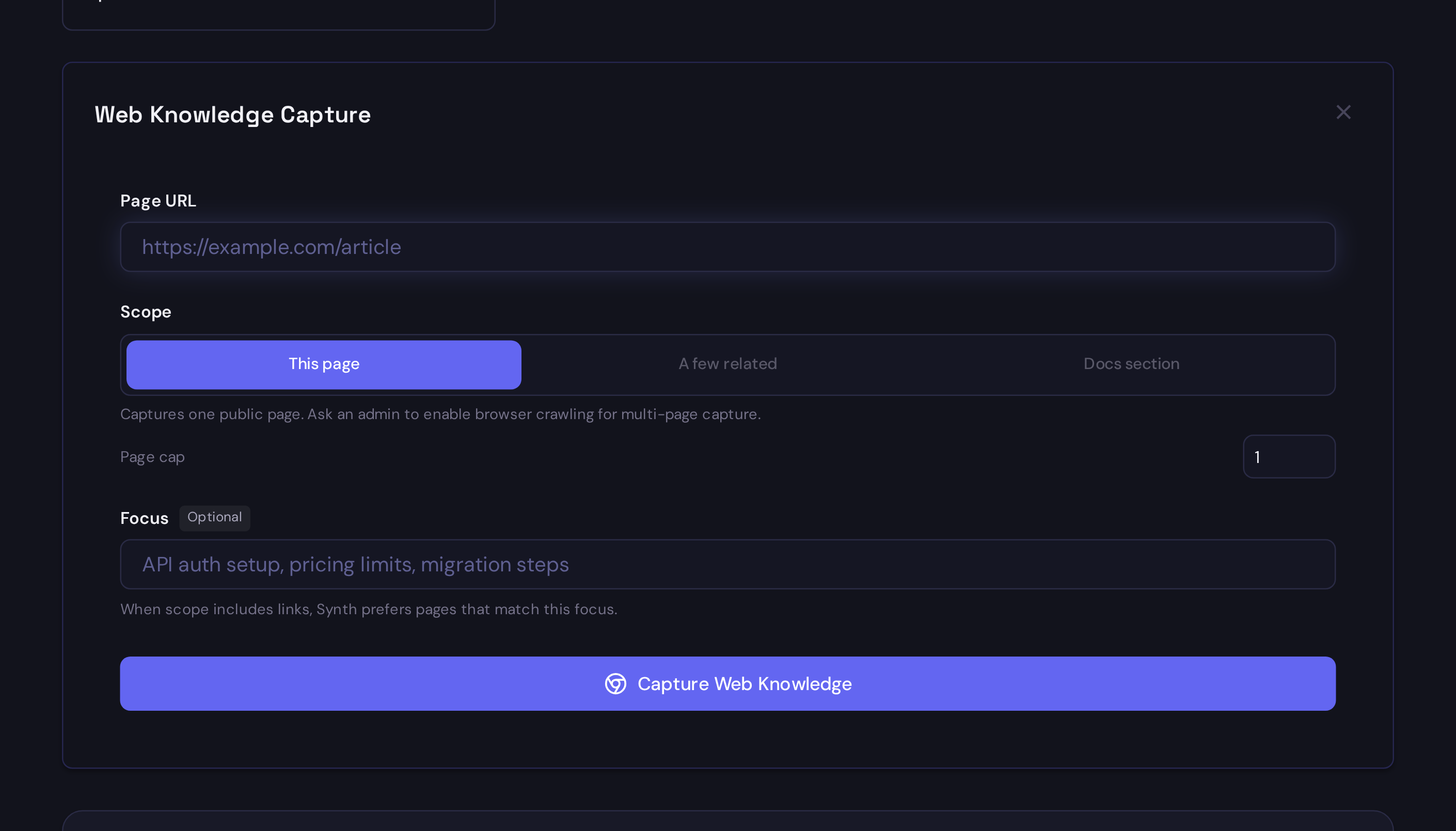 The Synth Ingest web capture panel with URL, scope, page cap, and focus fields.