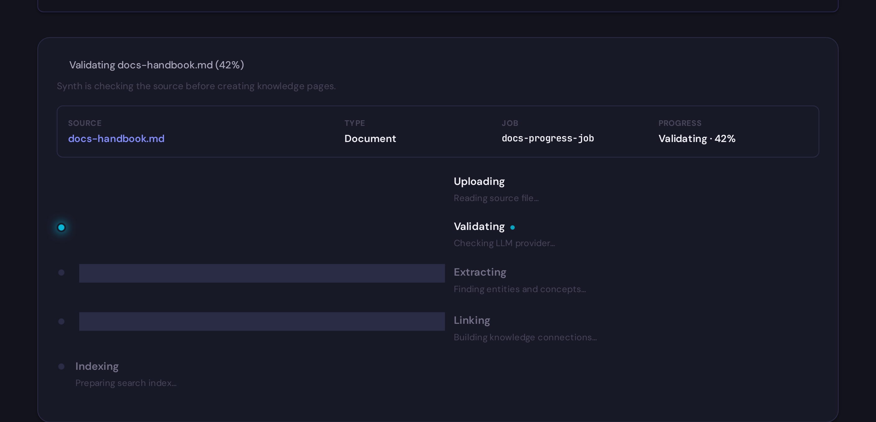 The Synth Ingest progress area showing the run context and validation phase while a document import is running.