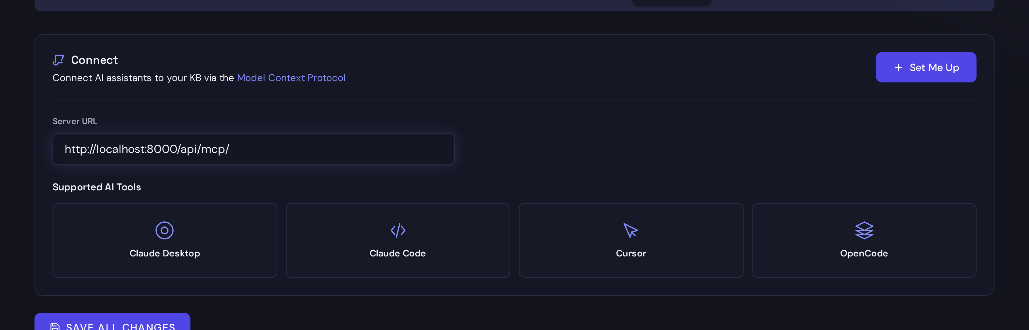 The Synth Connect tab showing the MCP server URL and supported AI tool cards.