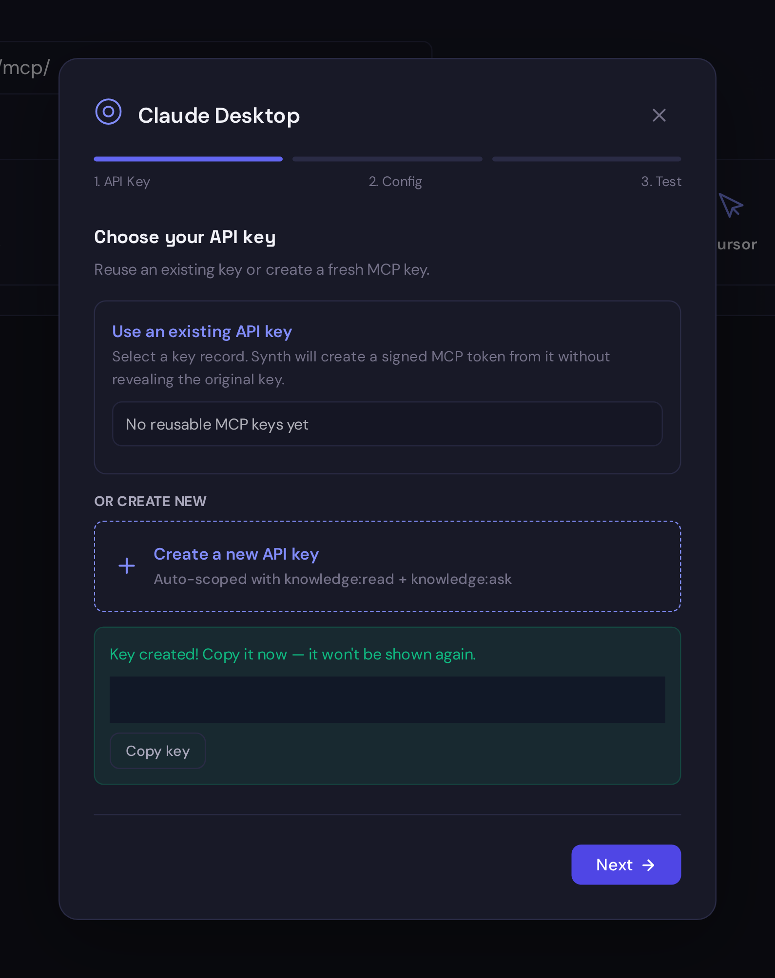 The MCP setup wizard after creating a new key, with the generated token visually masked.