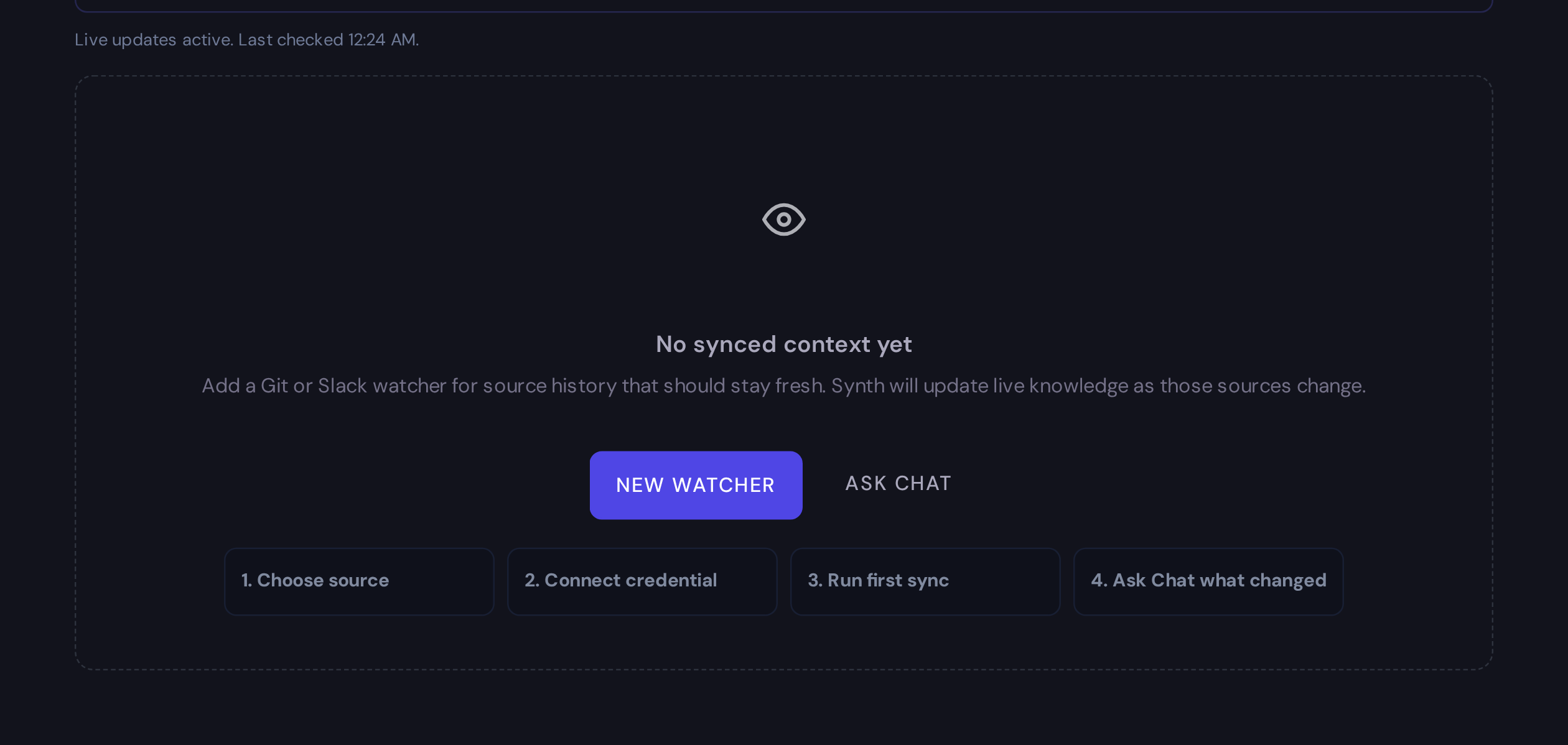 The Synth Watchers screen with no synced context yet and a New Watcher action.