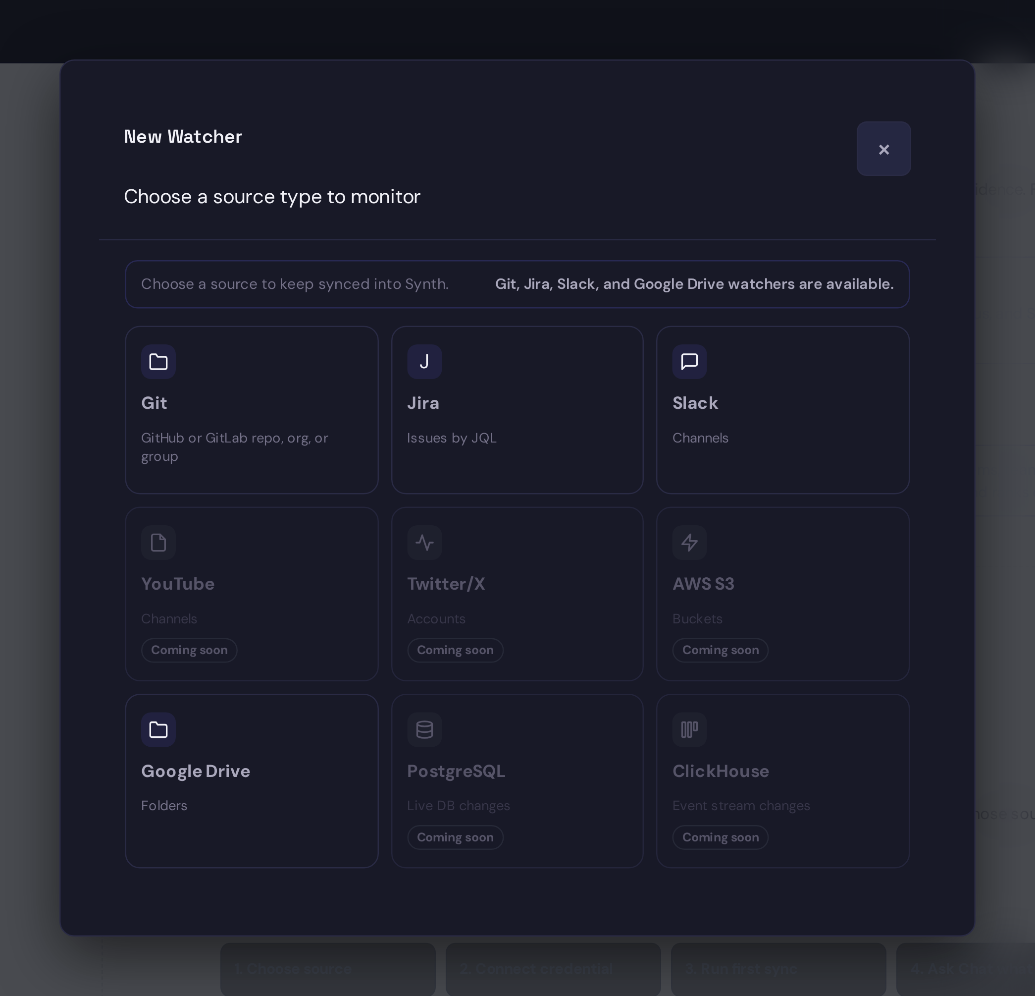 The New Watcher dialog showing Git, Jira, and Slack as available watcher types.