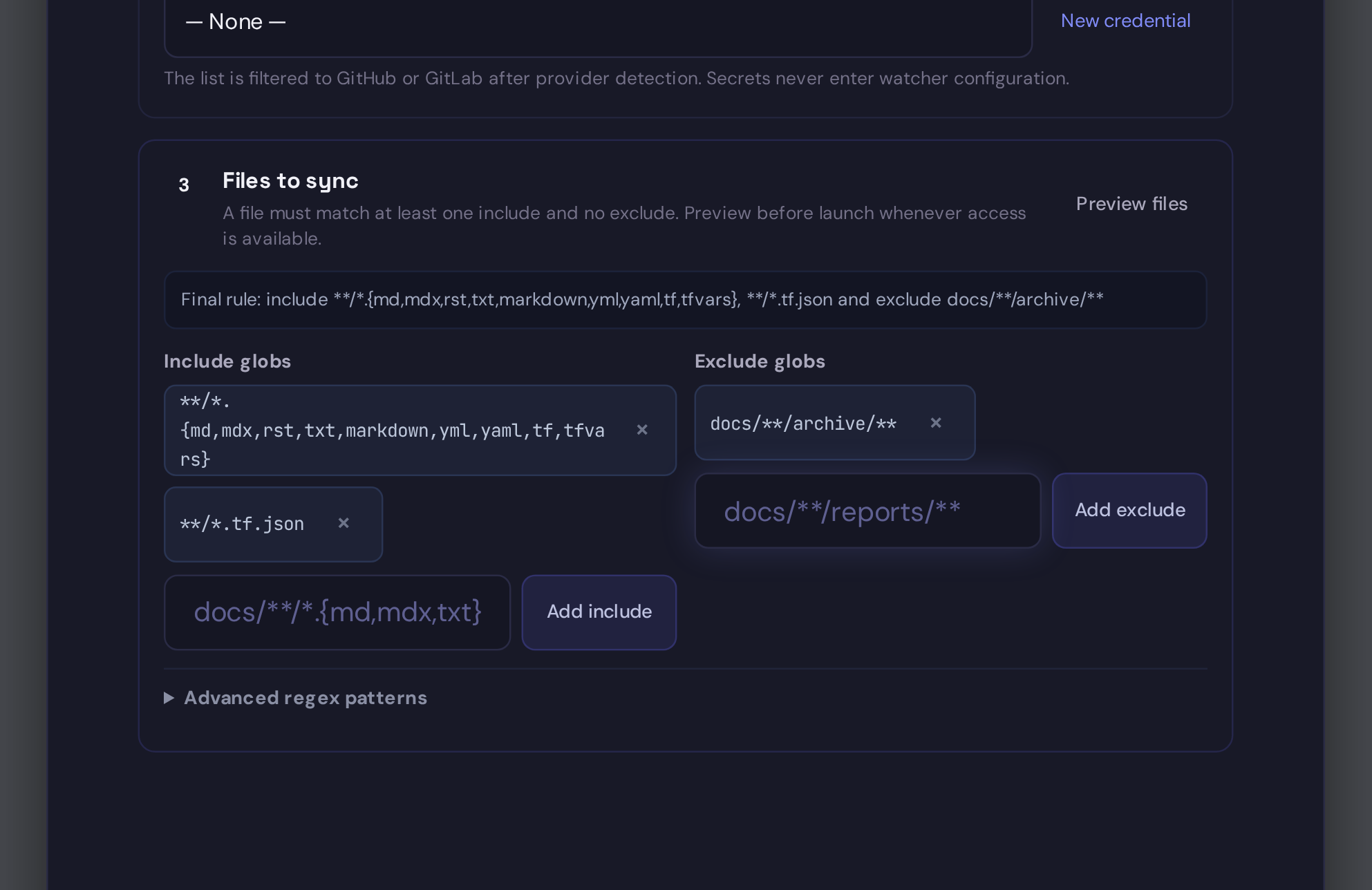 The Git watcher file rules editor showing default include patterns and an archive exclude pattern.