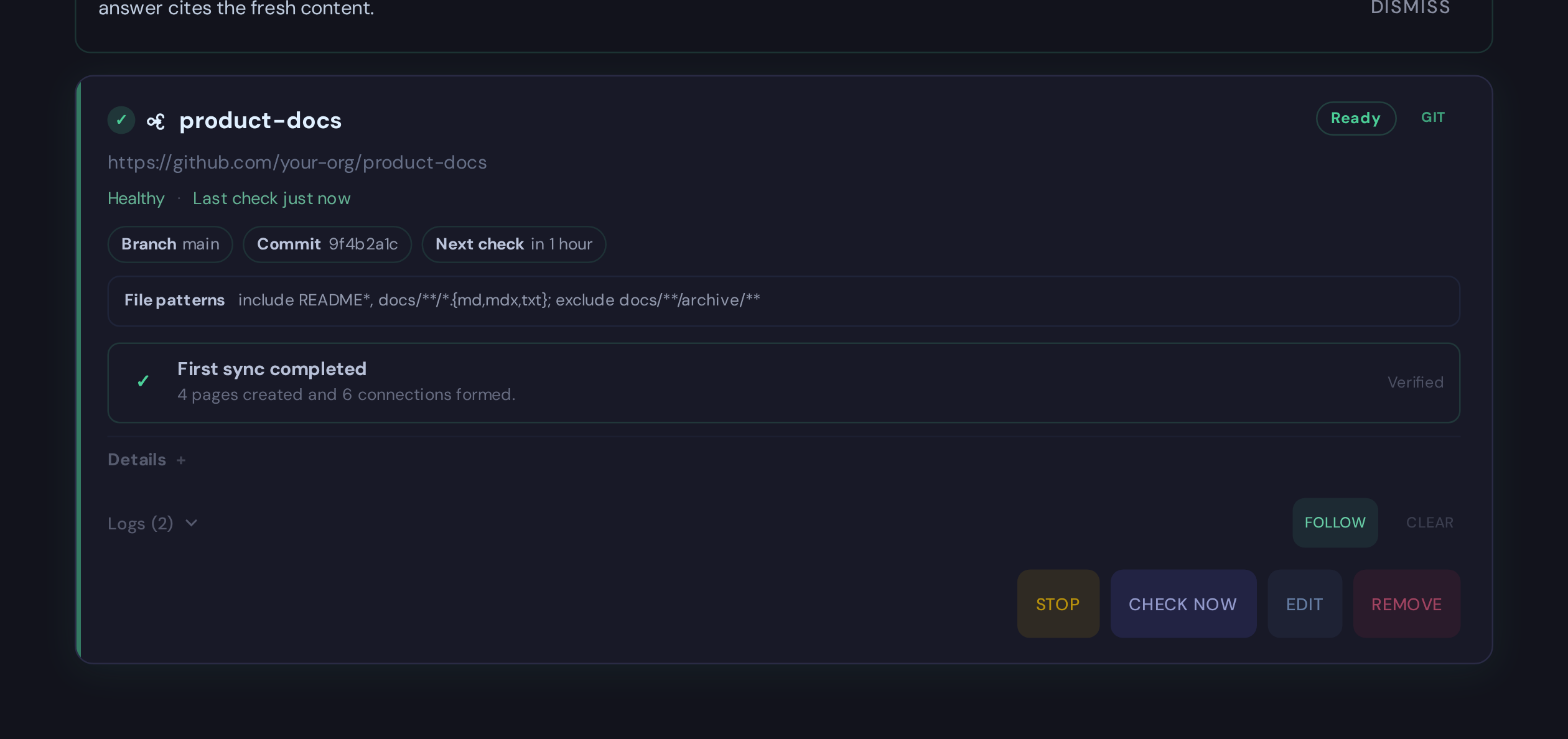 A saved Git watcher card showing the first sync completed with created pages and connections.