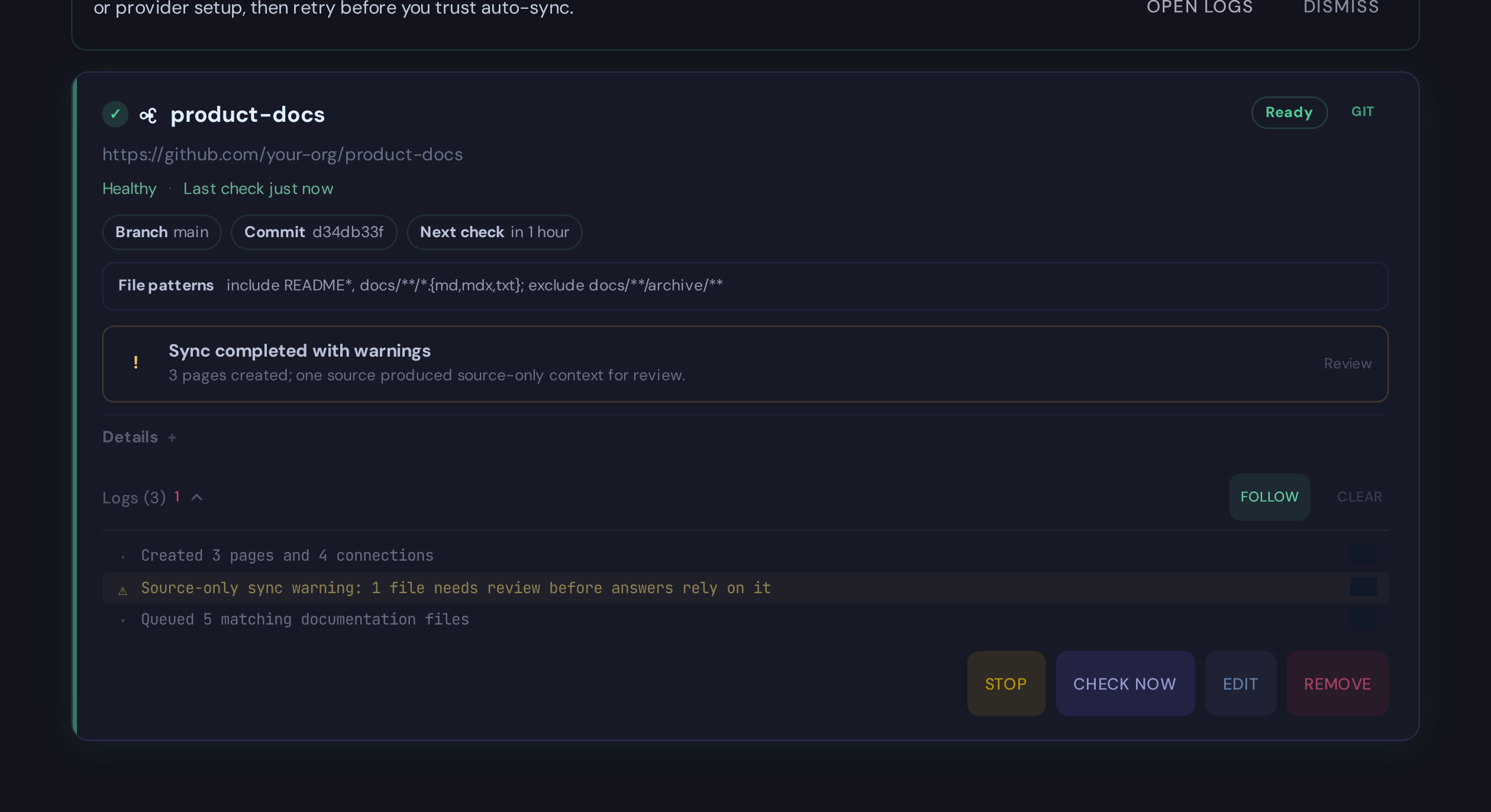 A Git watcher card with expanded logs showing a sync warning that needs review.