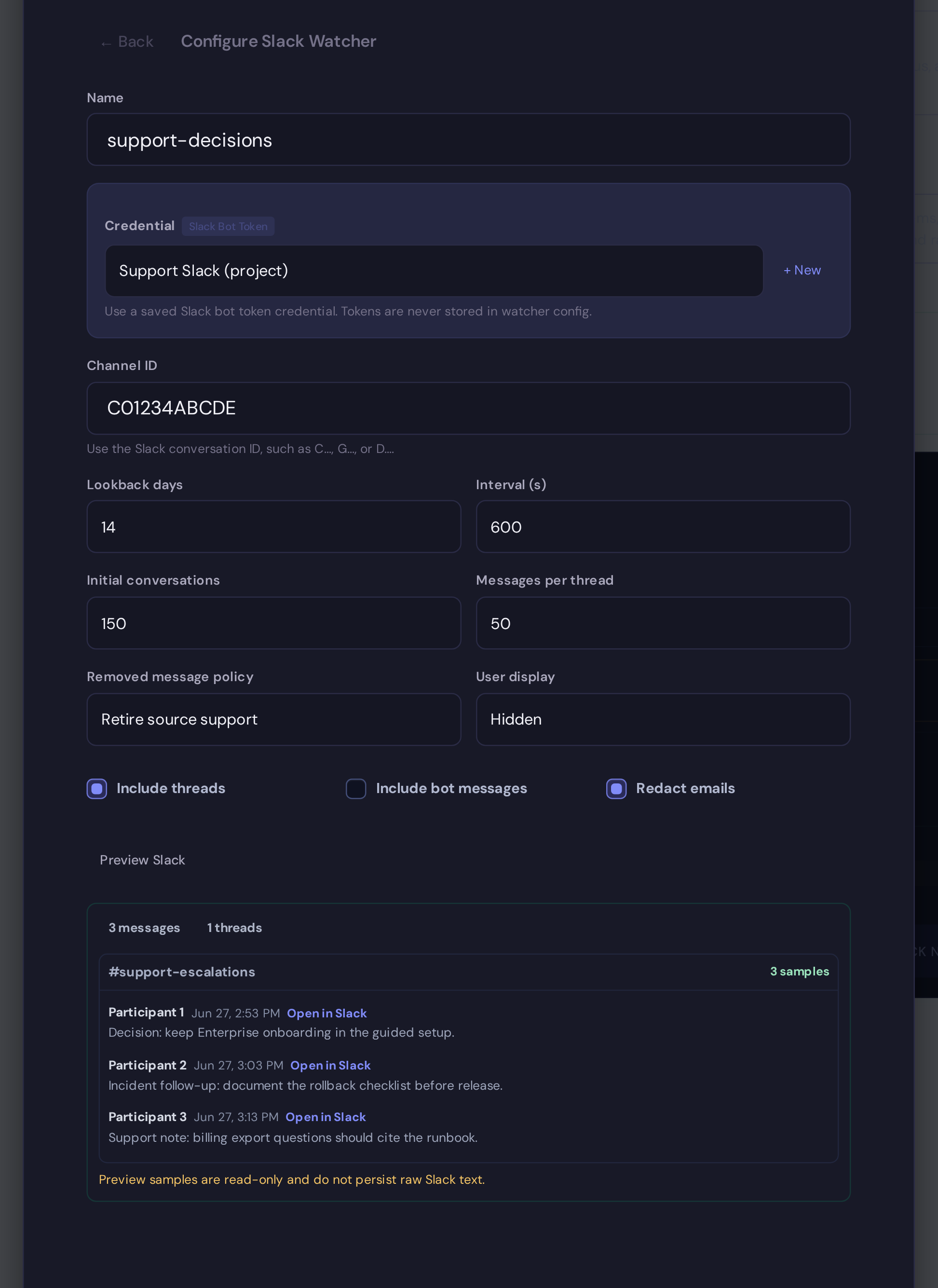 The Slack watcher setup panel showing a read-only preview of sampled channel conversations.