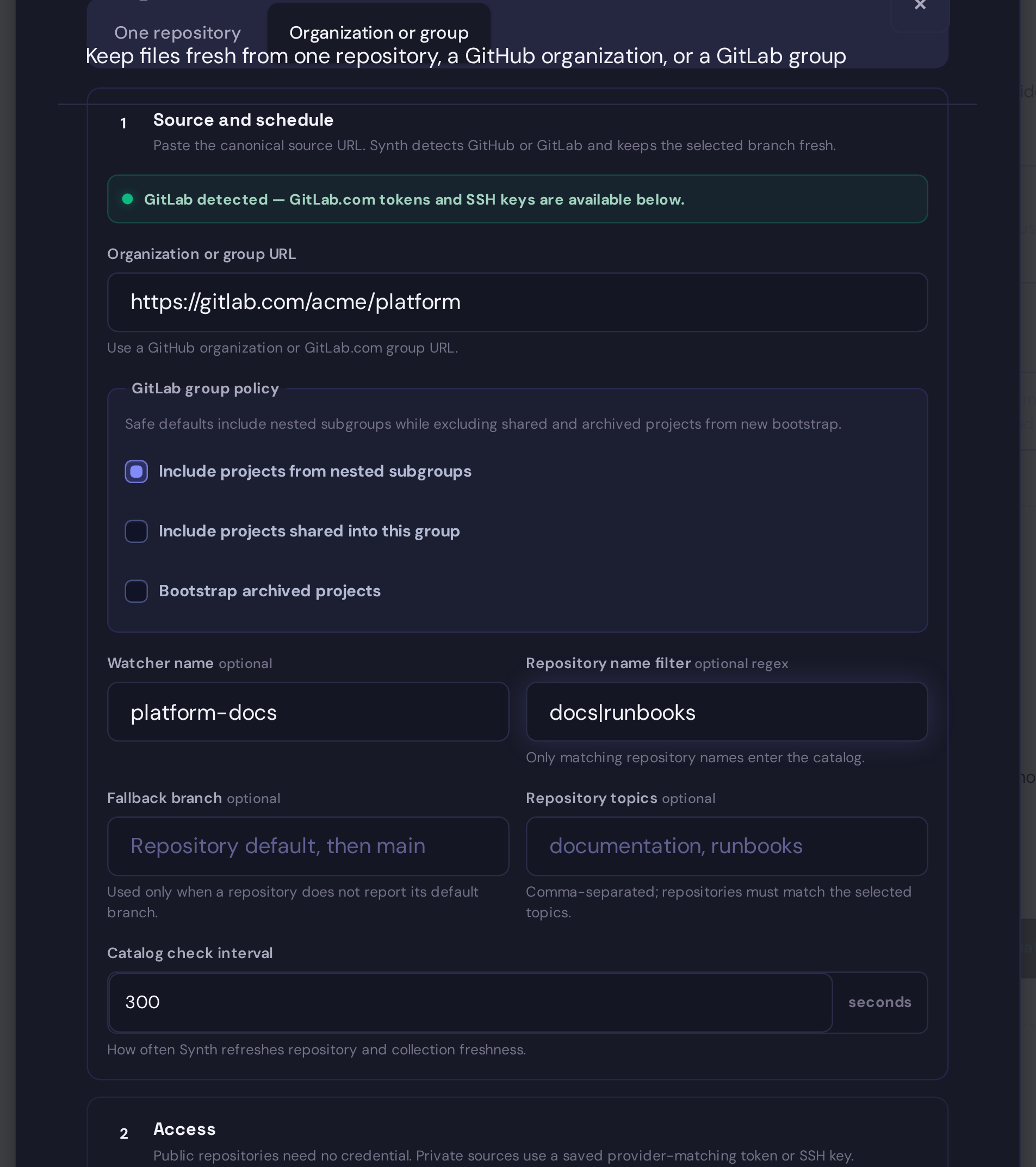 The Git watcher Organization or group flow with a detected GitLab.com group and safe subgroup, shared-project, and archived-project policies.
